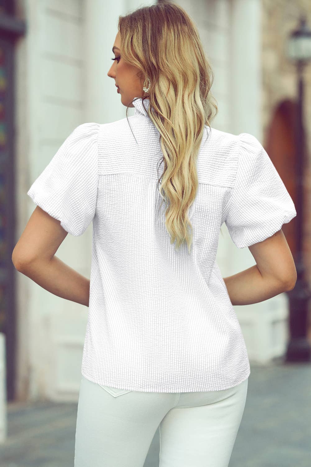 Striped Ruffle Short Bubble Sleeve Top