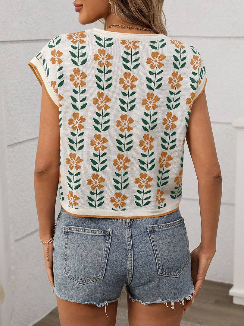 Knit Floral Cropped Short-Sleeves Color Block Sweater MD188