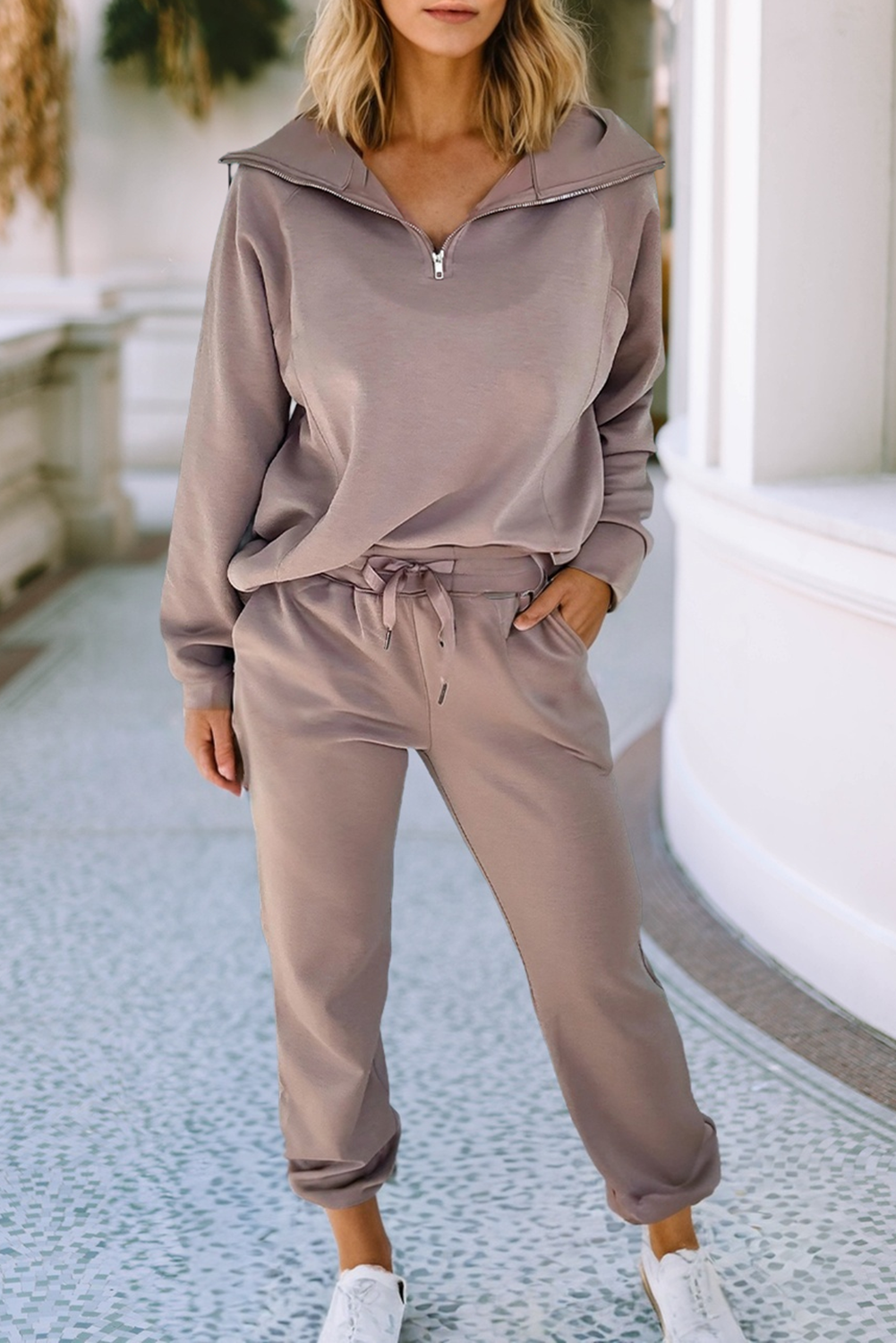 Zip Collar Long Sleeve Top in Taupe