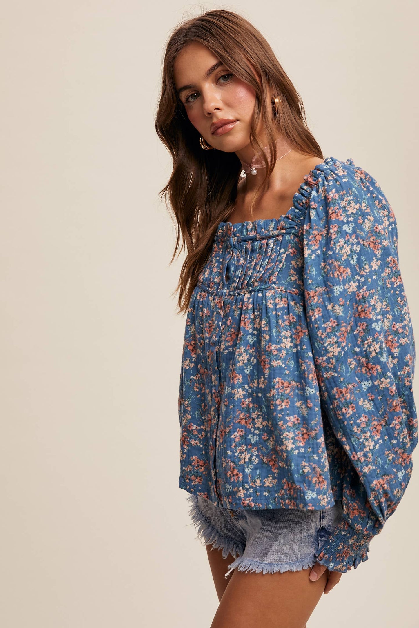 Square-Neck Floral Print Blouse