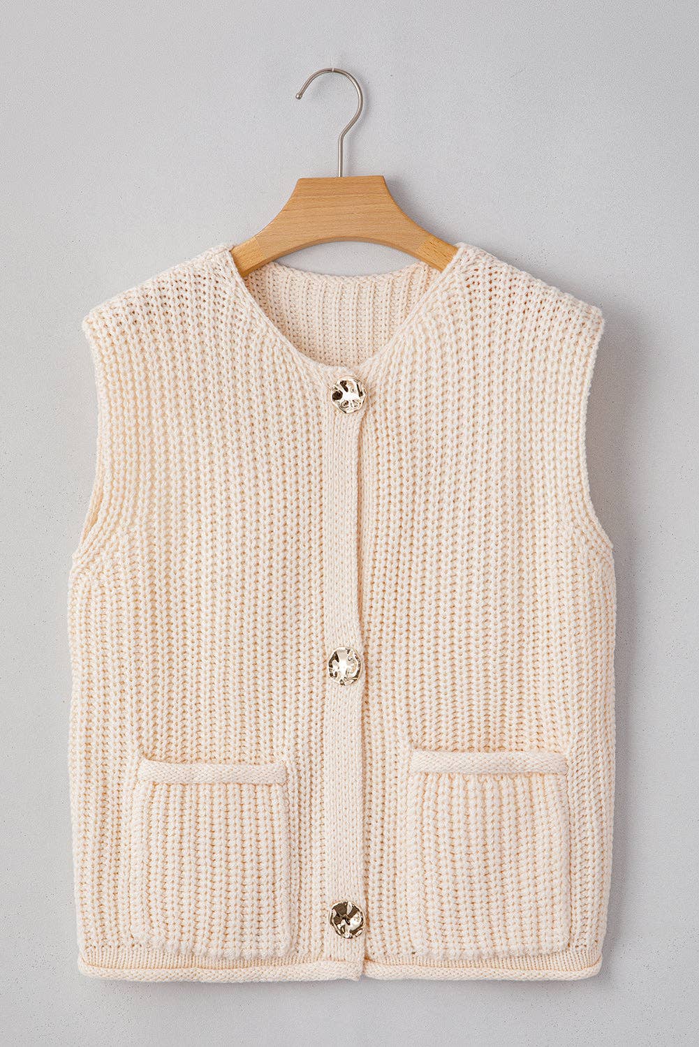 Solid Knit Side Pockets Buttoned Sweater Vest