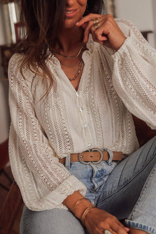 Ruffle Crochet Lace Buttoned Blouse