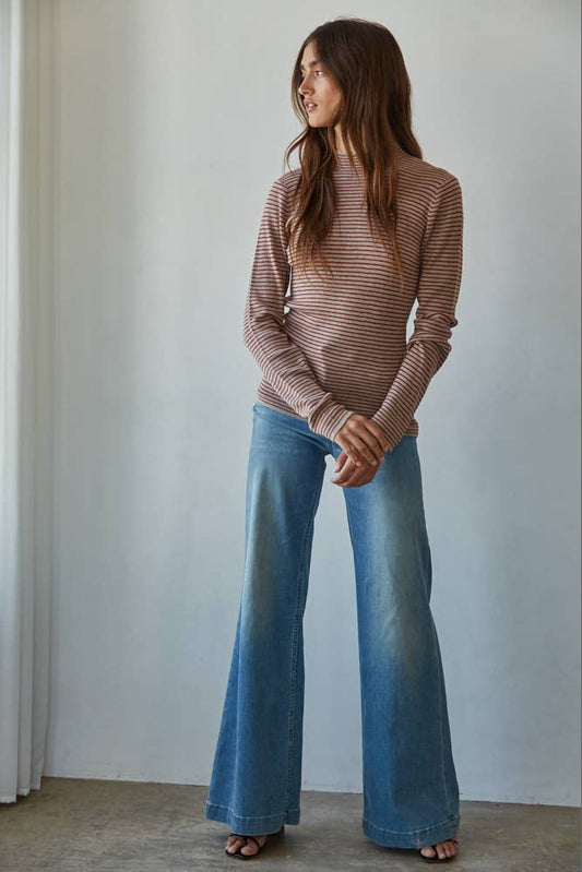Knit Sweater Striped Mock Neck Long Sleeve Top