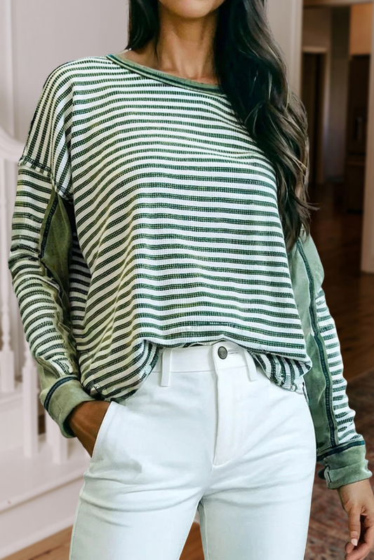 Basic Stripe Pattern Knit Long Sleeve Top