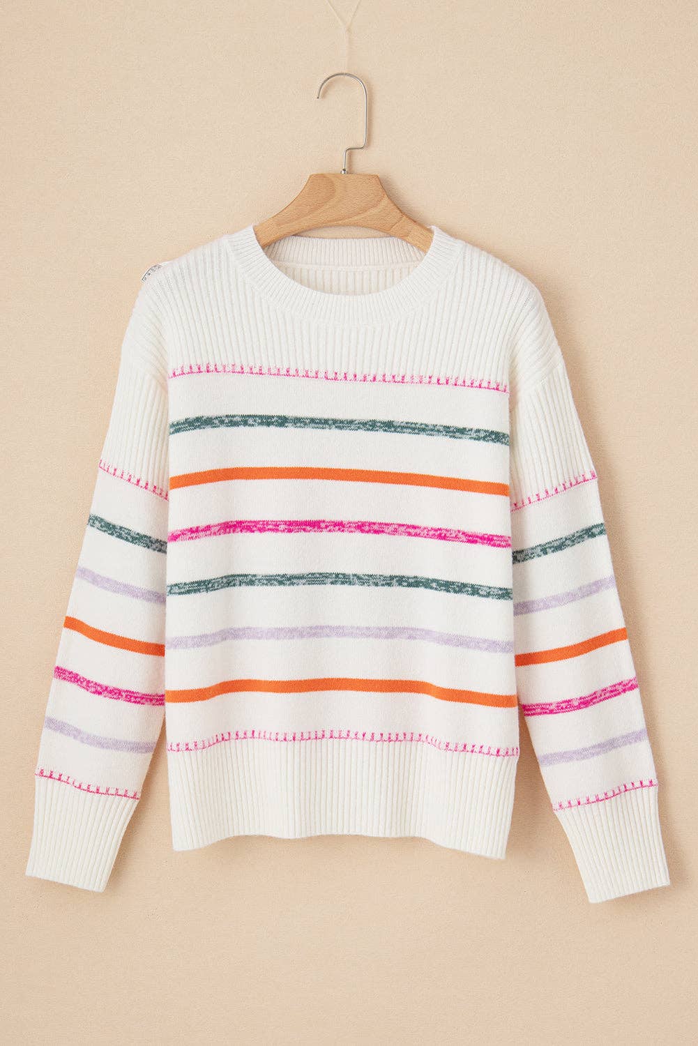 Stripe Ribbed Trim Crewneck Sweater