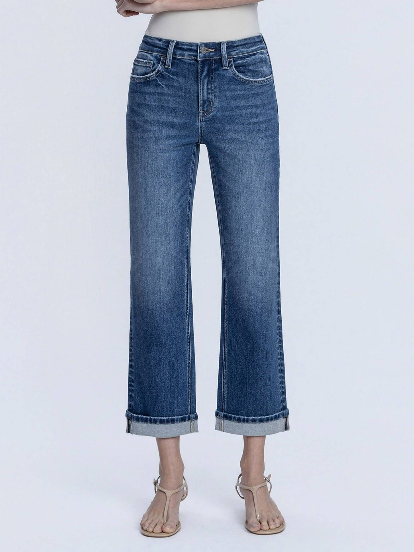 Lovervet High Rise Dark Wash Cuffed Crop Straight Jeans