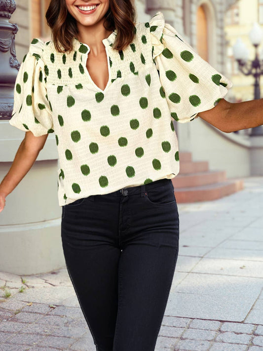 Polka Dot Balloon Sleeve Blouse