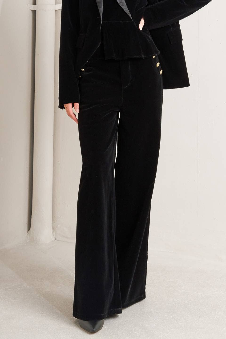 Black Velvet Pant with Gold Buttons