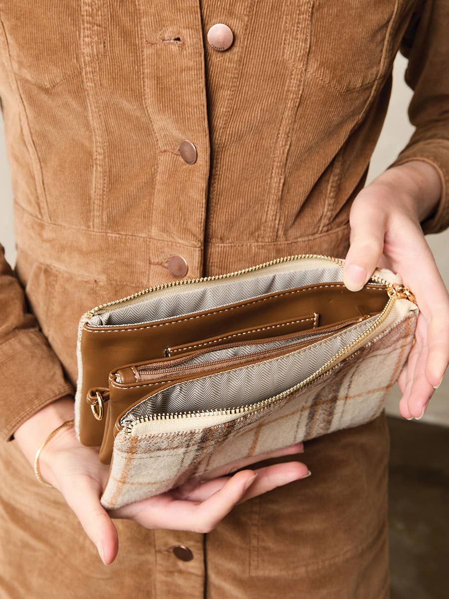 M013-PLD Riley Plaid 3 Compartment Crossbody/Wristlet