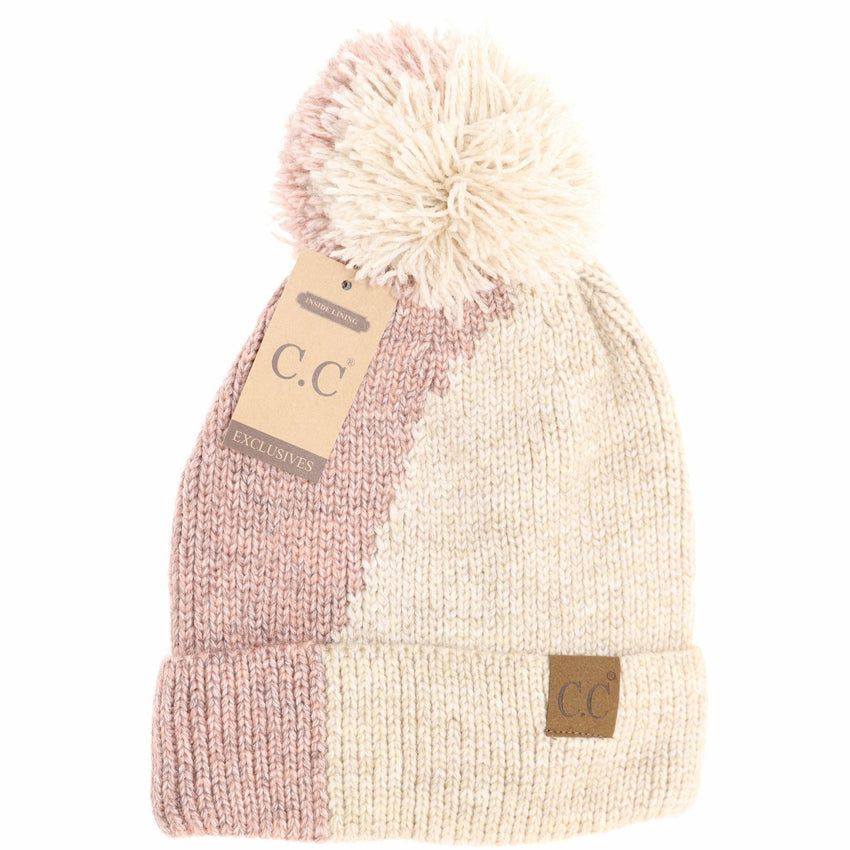 Two Tone Knit CC Beanie HAT2213: Taupe/Beige