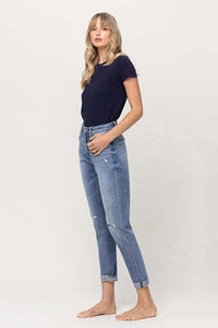 Distressed Double Duffed Stretch Mom Jeans