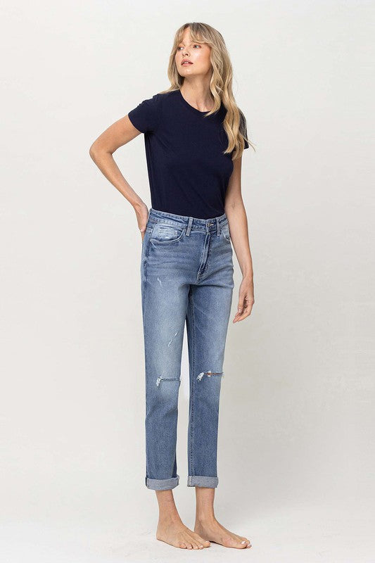 Distressed Double Duffed Stretch Mom Jeans