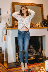 Mid Rise Raw Hem Cropped Skinny