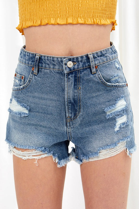 High Waisted Denim Frayed Hem Shorts