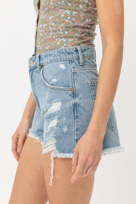 High Waisted Denim Frayed Hem Shorts