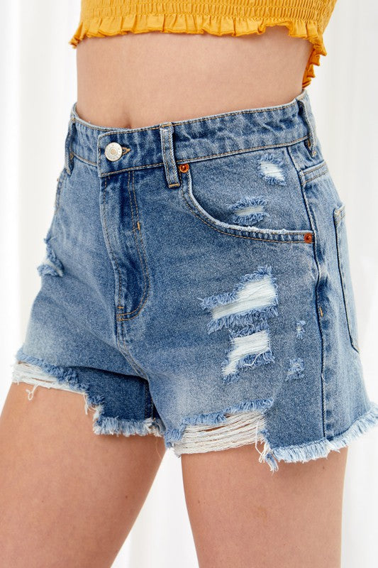 High Waisted Denim Frayed Hem Shorts