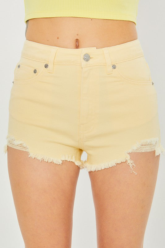 Denim High Waist Frayed Hem Shorts