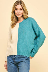 Split Colorblock Sweater - Ivory / Turq