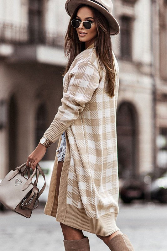 Open Front Plaid Long Cardigan
