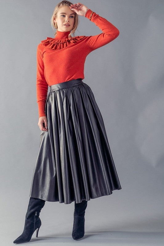 Pleated Faux Leather A-Line Skirt