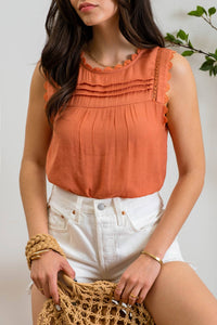Sleeveless Lace Edge Woven Top