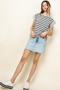 Stripe Knit Fringe Short Sleeve Top