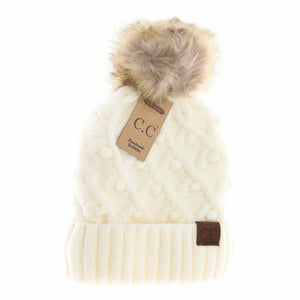 Bobble Knit Fur Pom C.C Beanie HAT3836: Ivory