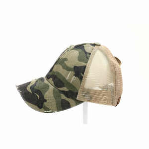 Distressed Camouflage Criss-Cross High Ponytail CC Ball Cap: Olive