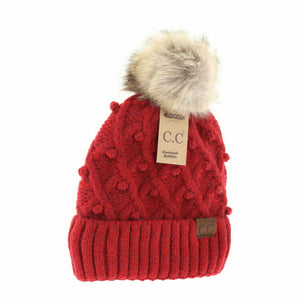 Bobble Knit Fur Pom C.C Beanie HAT3836: Fire Red