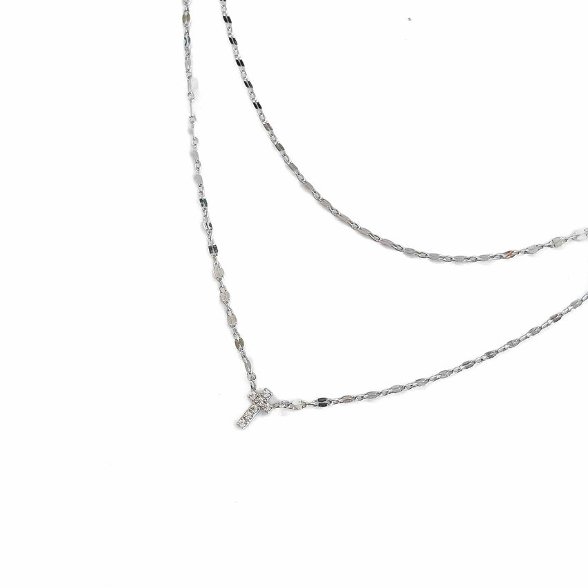 Diamond Layered Cross Necklace - Silver