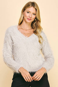 V-neck Fuzzy Pullover Sweater