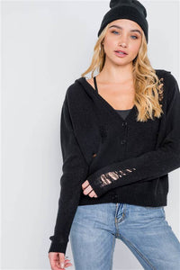 Black Knit Distressed Hooded Button-Front Cardigan