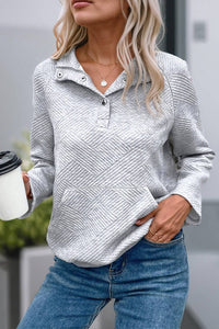 Textured Knit Buttoned Kangaroo Pocket Sweatshirt