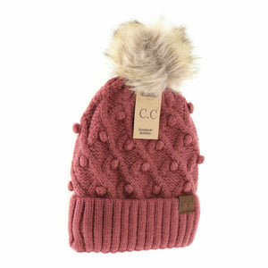 Bobble Knit Fur Pom C.C Beanie HAT3836: Coco Berry