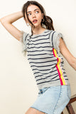 Stripe Knit Fringe Short Sleeve Top